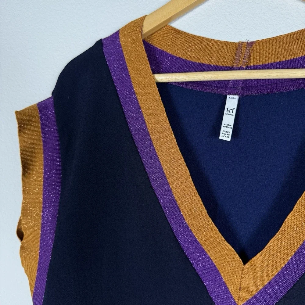 Zara V-neck Metallic Stripe Knit Long Vest‎ Womens XS Academia Preppy School
